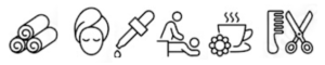 série de pictogrammes (serviettes, visage avec serviette sur la tête, pipette, massage, boisson chaude, peigne et ciseaux)